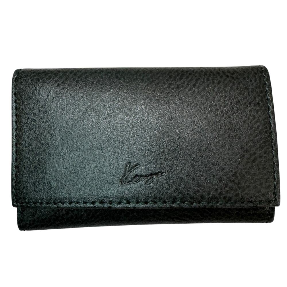 Vintage KENZO Italy Key Holder Deep Green Leather Gold Snap Trifold Wallet Pouch